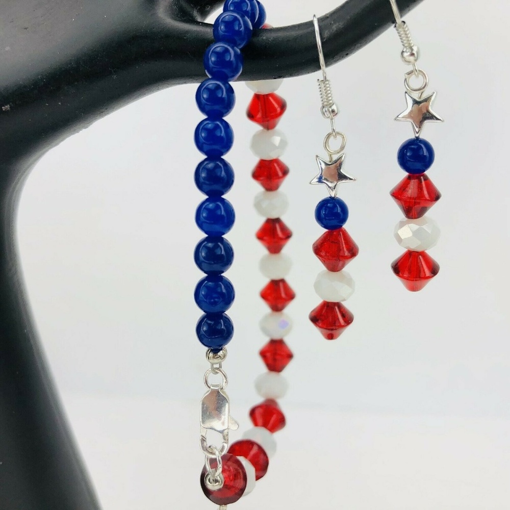Patriotic Flag Bracelet Earrings Set Dangle Stars